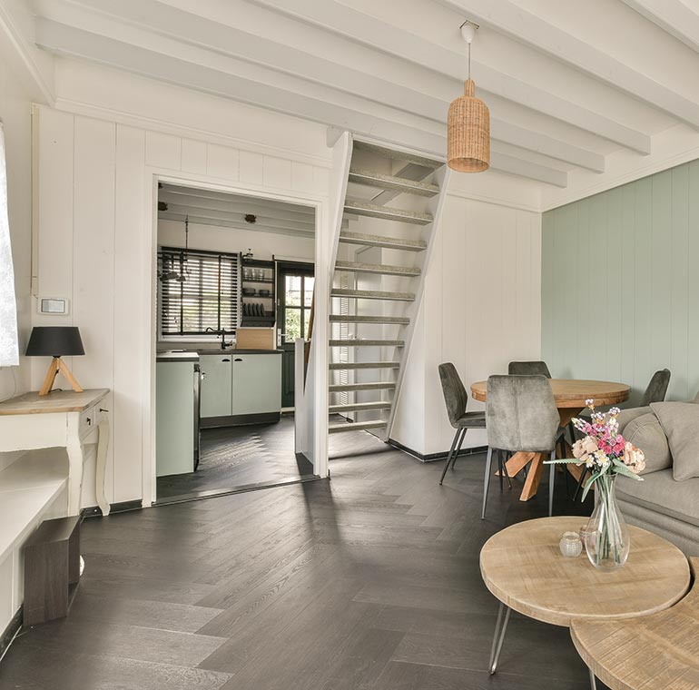 Dark Oak Herringbone SPC Flooring in Open Plan Living Room and Kitchen